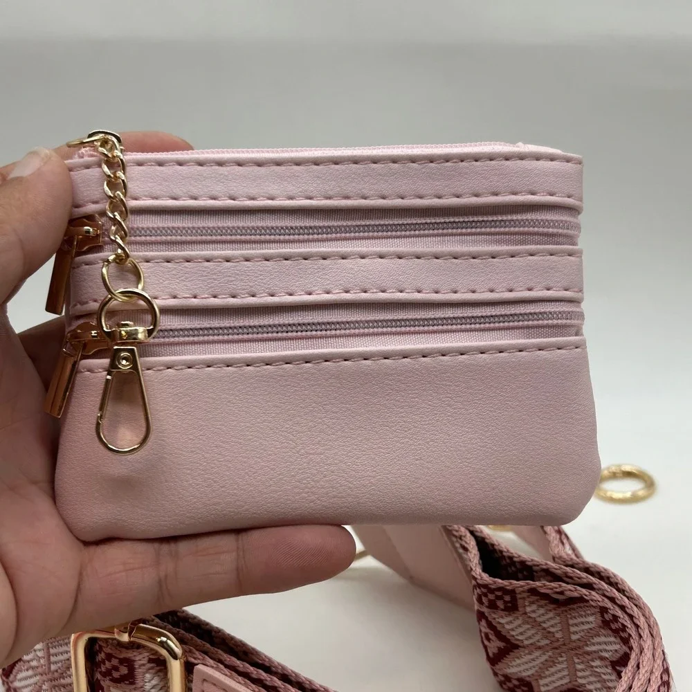 Clip and Go Set Light Pink Coin Purse Heart Keychain Woven Strap Gold